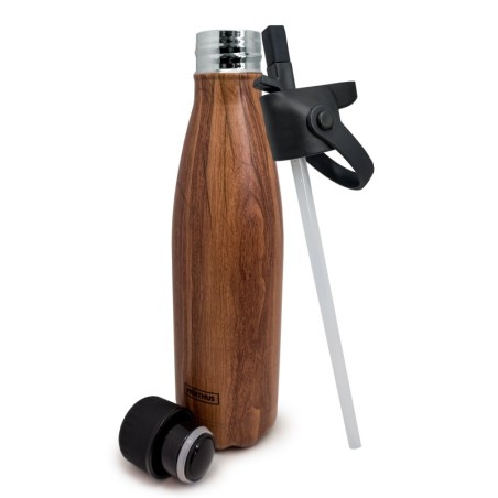 Botella de doble pared de acero Inox. con tapón pajita + tapón de acero: Madera