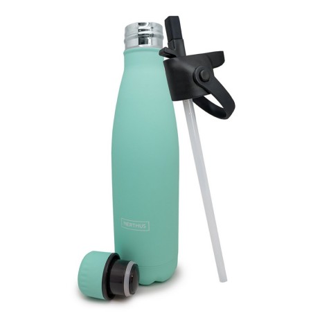 Stainless steel double wall bottle. With pajita plug + steel cap: turquoise