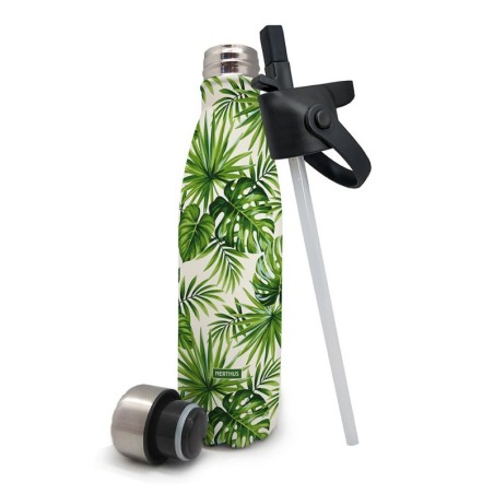 Stainless steel double wall bottle. With straw plug + steel cap: palms